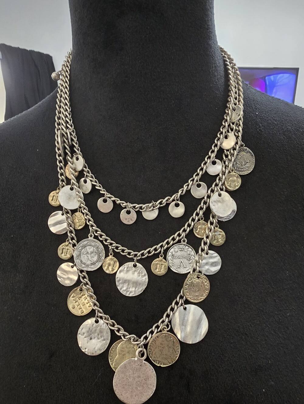 Vintage Chico's Mixed Silver & Gold Multi-Layer Coin Pendant Necklace.